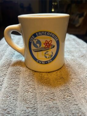 USS Enterprise CVN-65 White Ceramic Coffee Mug with Ship Emblem